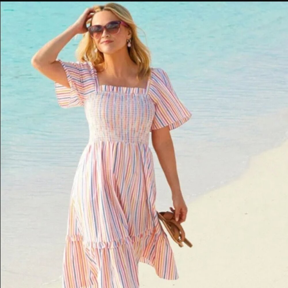DRAPER JAMES Deana Striped Smocked Dress Medium